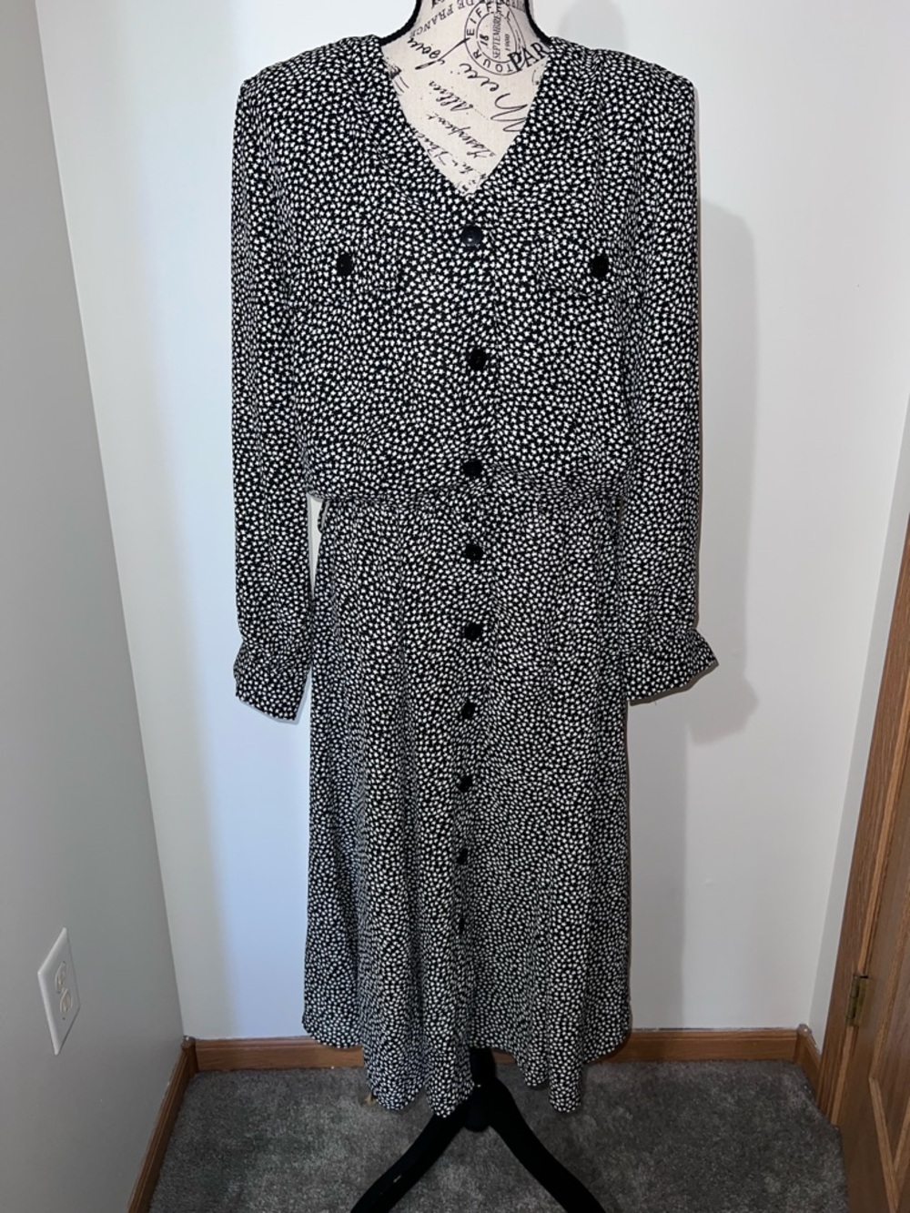 Breli Originals Vintage Black White Clover Print Midi Button Front Dress Size 14